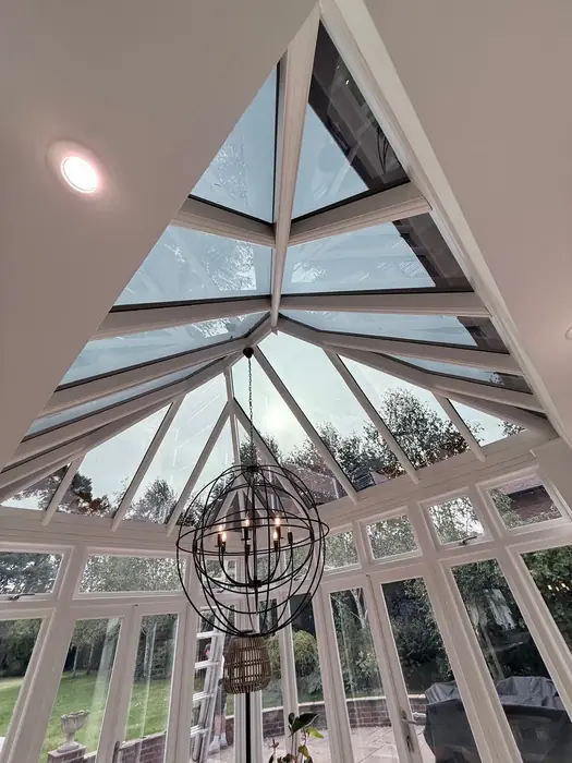 Roof lantern seen from inside an orangery, installed by Team Frames