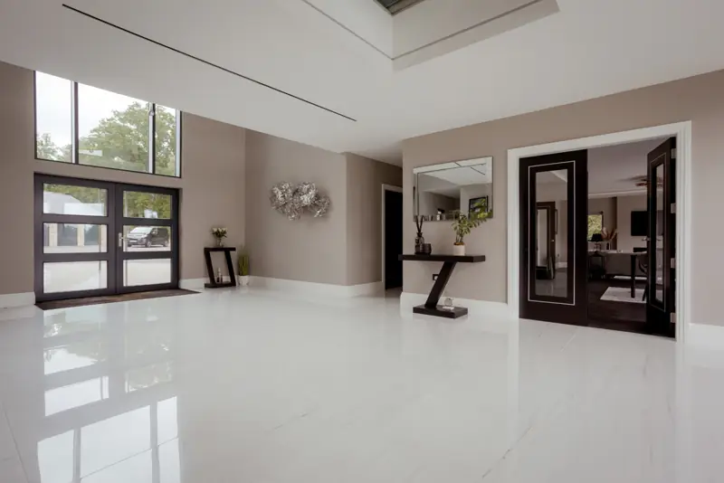 Interior view of Spitfire S500 double doors with side and overhead glazing in a large hallway